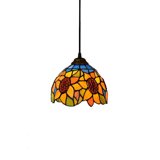 Tiffany-Style Hand Cut Glass Pendant Ceiling Light - Green/Orange Flare Design Ideal For Living Room