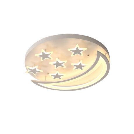 White Metal Moon And Star Flush Ceiling Light For Kids Cartoon Bedroom