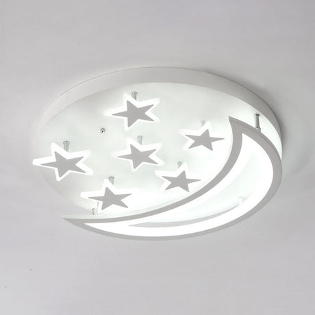 White Metal Moon And Star Flush Ceiling Light For Kids Cartoon Bedroom