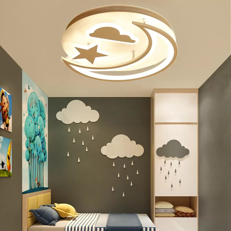 White Metal Moon And Star Flush Ceiling Light For Kids Cartoon Bedroom / 16 Warm