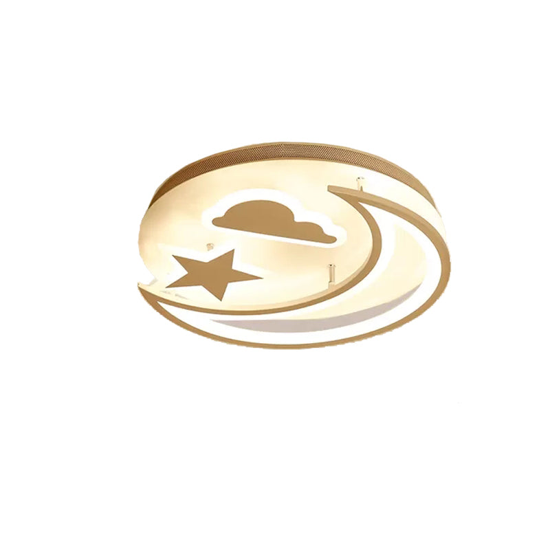 White Metal Moon And Star Flush Ceiling Light For Kids Cartoon Bedroom