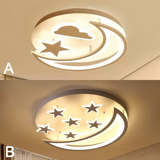 White Metal Moon And Star Flush Ceiling Light For Kids Cartoon Bedroom