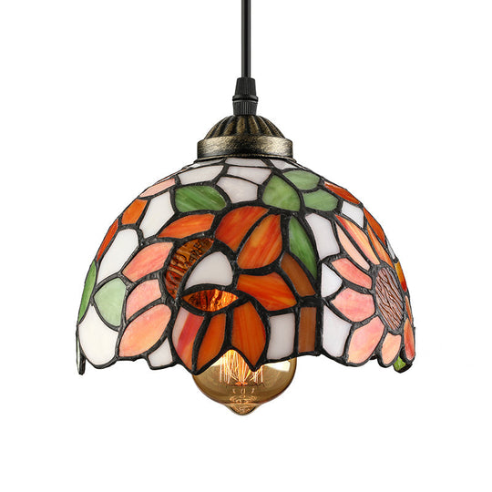 Tiffany-Style Stained Art Glass Hemisphere Pendant Lamp - Red/Orange/Green Ceiling Hanging Light