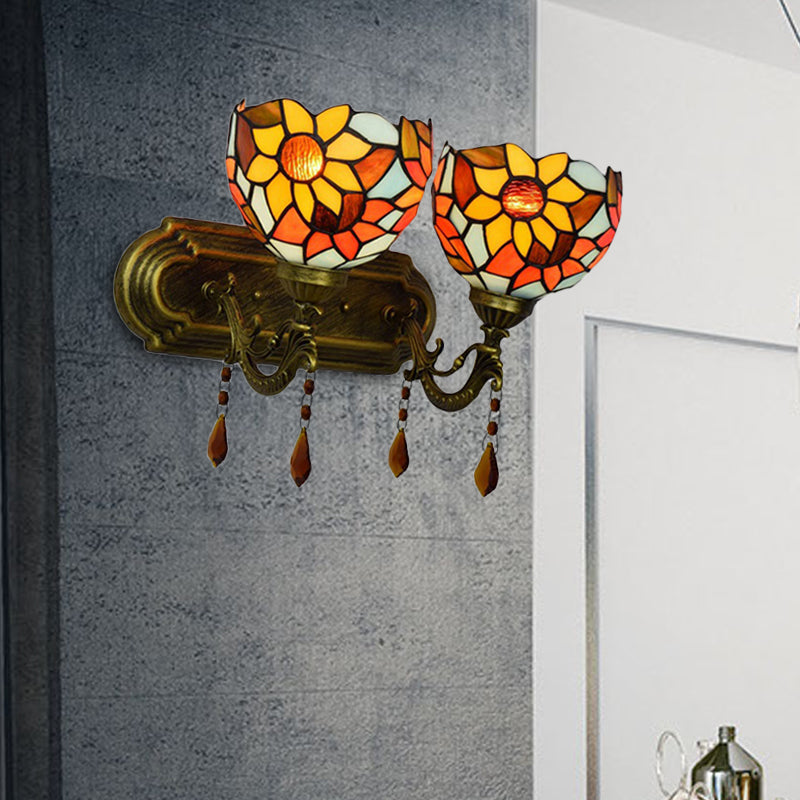 Rustic Loft Wall Sconce Lighting: Bowl Style With Crystal Decoration 2 Lights Stained Glass Lamp In