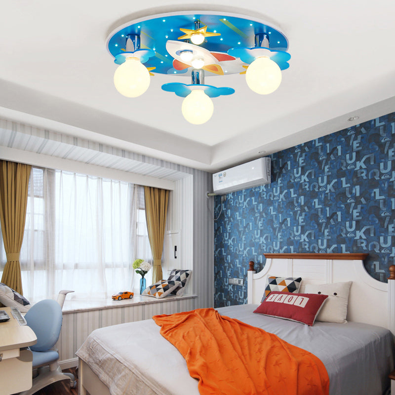 Wooden Blue Kids Spaceship Ceiling Lamp For Kindergarten / Universe