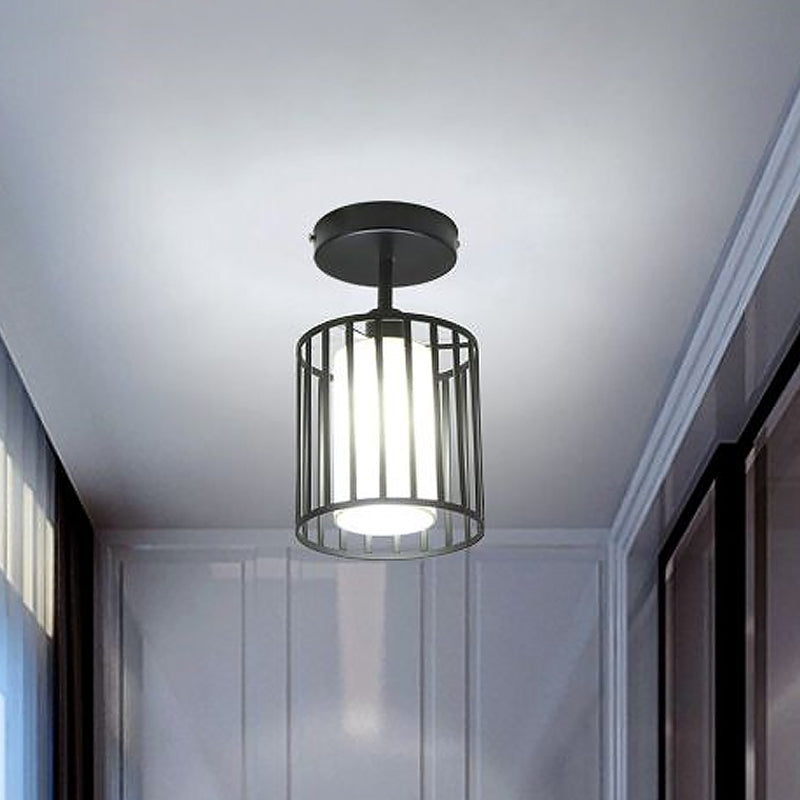 Black Metal Cage Ceiling Flush Mount Lamp With Conical/Cylindrical Shade - Simple Semi - Flushmount