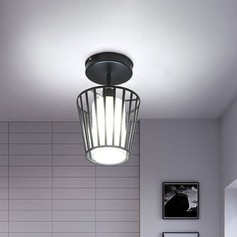 Black Metal Cage Ceiling Flush Mount Lamp With Conical/Cylindrical Shade - Simple Semi - Flushmount
