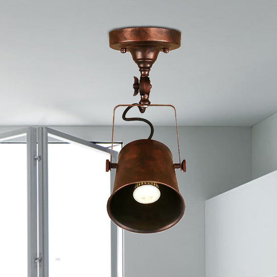 Antique Metal Bucket Shade Ceiling Lamp - Rotatable Semi Flush Pendant Light For Living Rooms 1