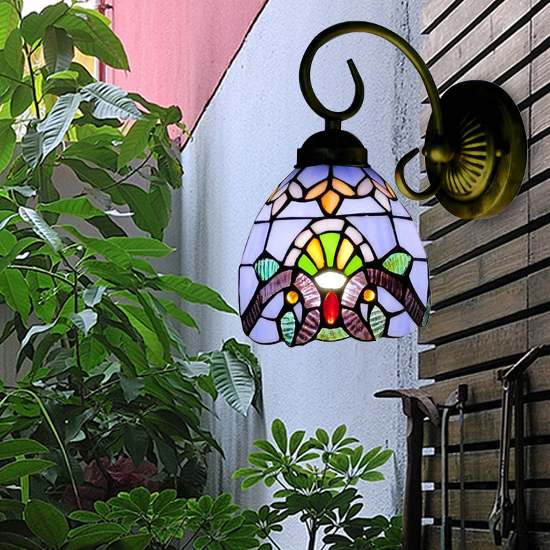 Victorian Style Dome Wall Sconce With Blue/Brown Glass Shade & Brass Finish