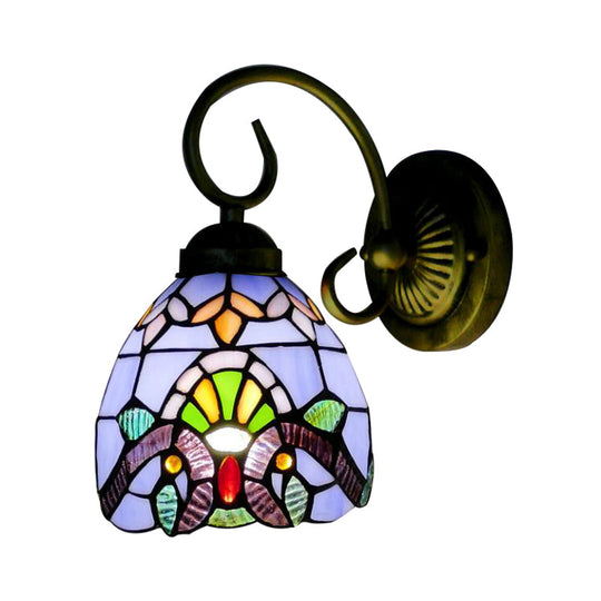 Victorian Style Dome Wall Sconce With Blue/Brown Glass Shade & Brass Finish