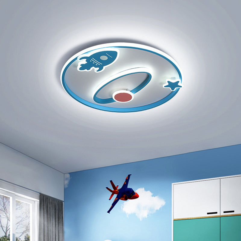 Blue Cartoon Spaceship Ceiling Lamp - Led Flush Mount Acrylic Fixture For Nursery