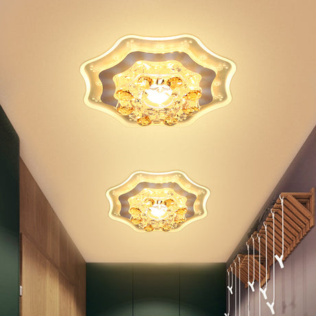 Modern Led Hallway Flush Mount Light With Chrome Ceiling Finish And Bloom Faceted Crystal Shade