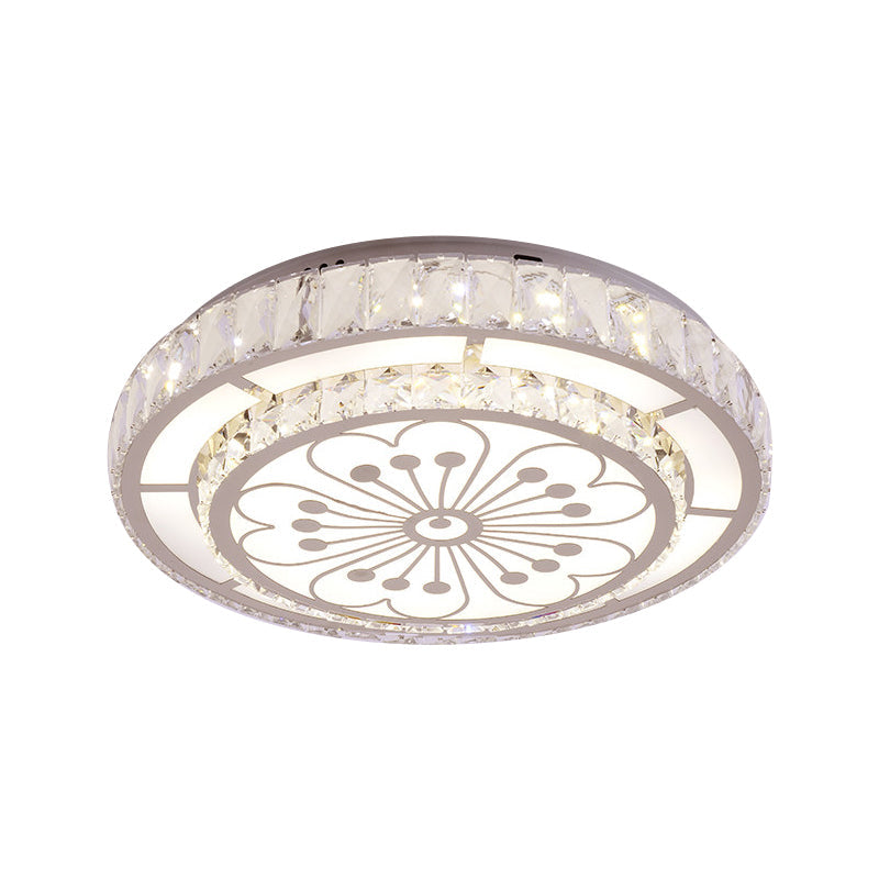 Modernist Crystal Ceiling Light: Chrome Led Round Flush Fixture With Floral Pattern