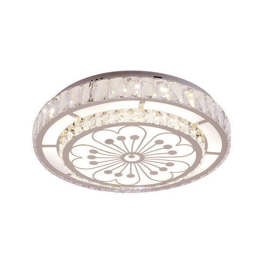 Modernist Crystal Ceiling Light: Chrome Led Round Flush Fixture With Floral Pattern