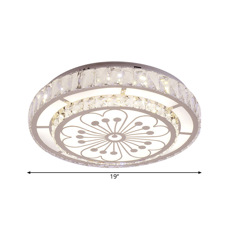 Modernist Crystal Ceiling Light: Chrome Led Round Flush Fixture With Floral Pattern