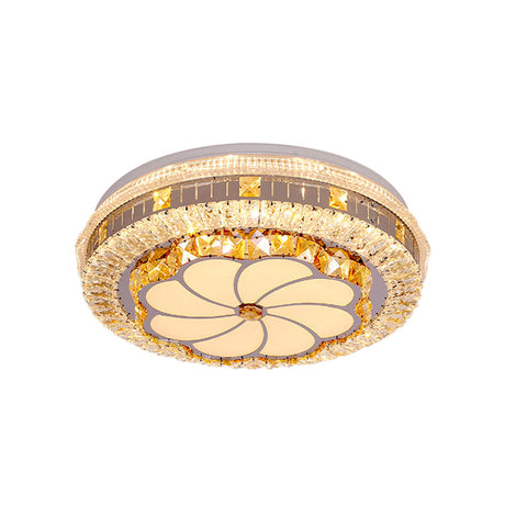 Modern Led Chrome Ceiling Light With Lotus Pattern And Faceted Crystal Flush Mount