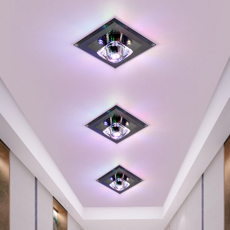 Contemporary Led Square Flushmount Light With Clear Crystals - Black Ideal For Corridor Ceiling