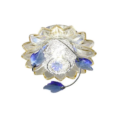 Modern Globe Flush Mount Ceiling Light With Crystal Maple Leaf Deco - Blue/Tan Warm/White 1 Bulb