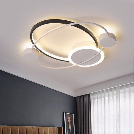 Modern Metal Planet Orbit Flushmount Lighting - Led Black-White Ceiling Mounted Fixture In
