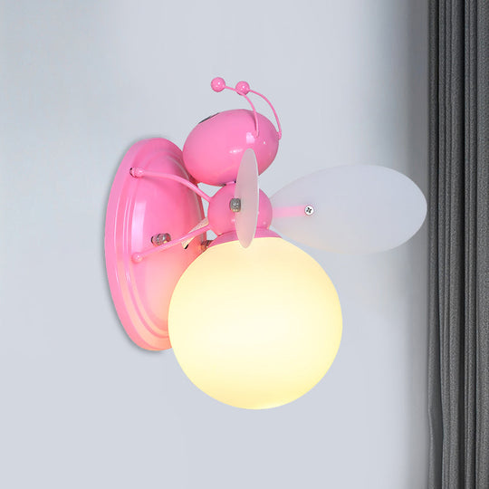 Opaline Glass Ball Wall Sconce With Bee Design - Pink/Yellow Cartoon Lamp 1 Light Pink