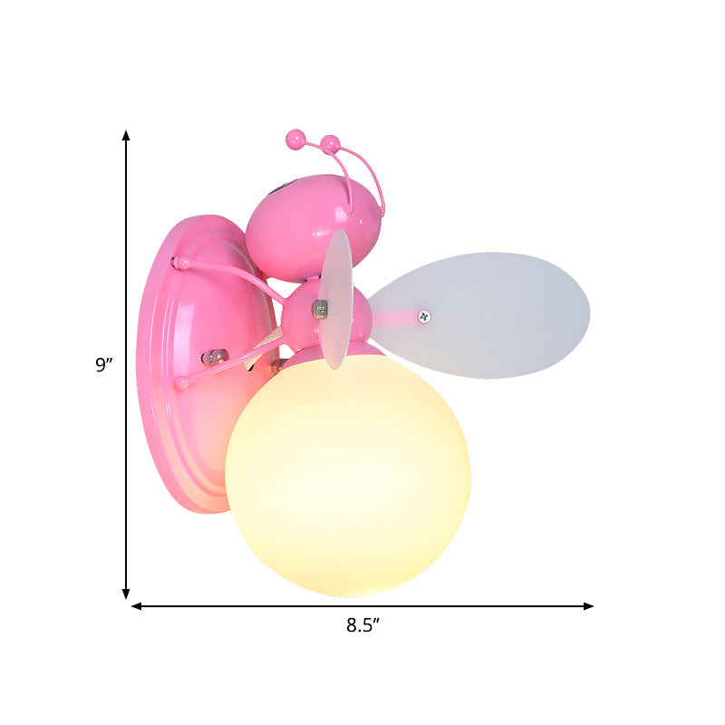 Opaline Glass Ball Wall Sconce With Bee Design - Pink/Yellow Cartoon Lamp 1 Light