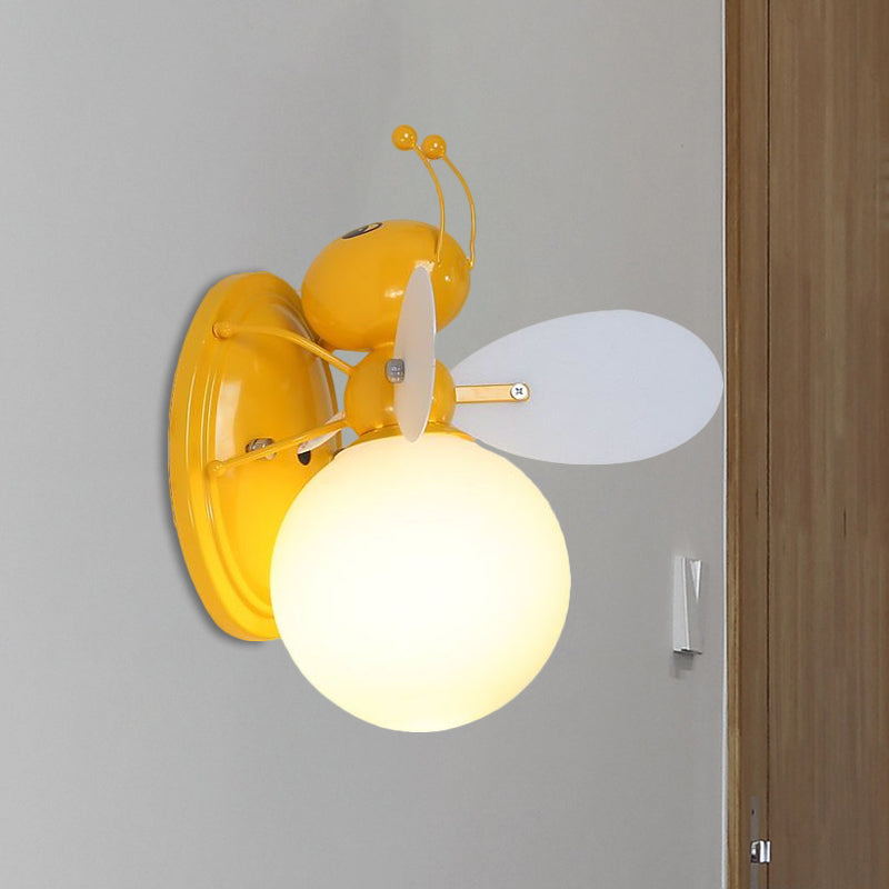 Opaline Glass Ball Wall Sconce With Bee Design - Pink/Yellow Cartoon Lamp 1 Light