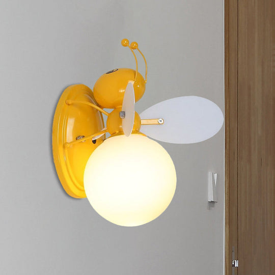 Opaline Glass Ball Wall Sconce With Bee Design - Pink/Yellow Cartoon Lamp 1 Light