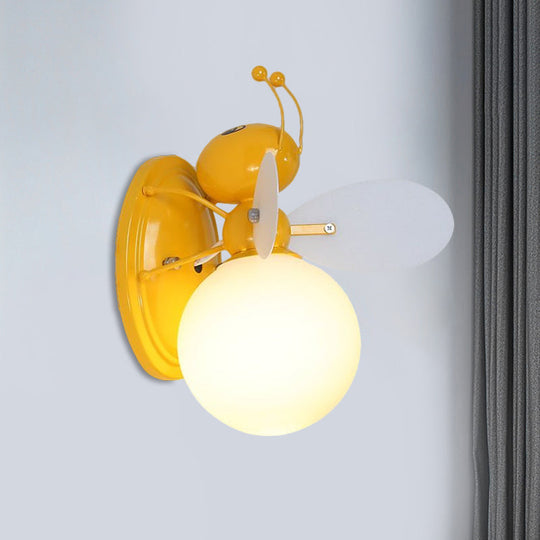 Opaline Glass Ball Wall Sconce With Bee Design - Pink/Yellow Cartoon Lamp 1 Light