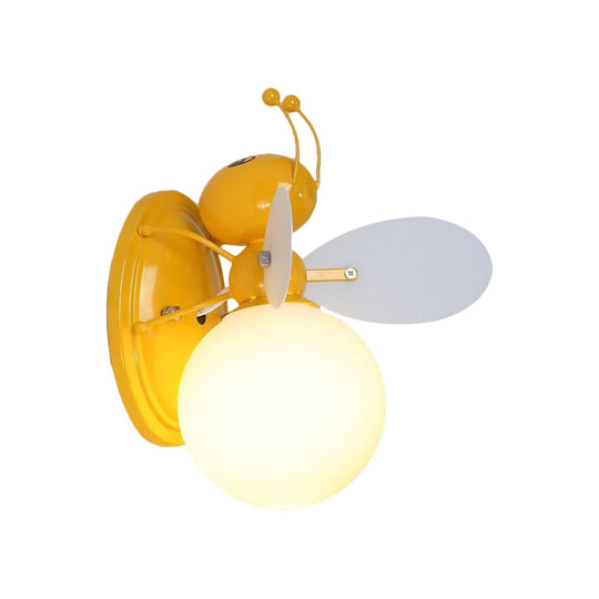 Opaline Glass Ball Wall Sconce With Bee Design - Pink/Yellow Cartoon Lamp 1 Light