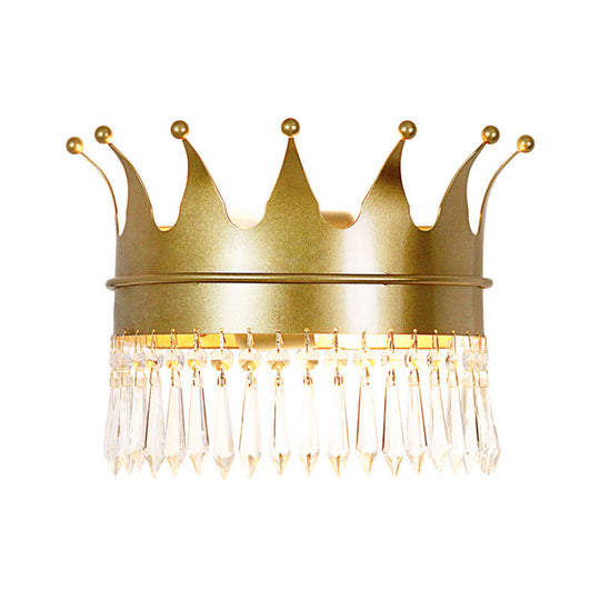 Retro Metallic 1-Head Crown Wall Sconce With Crystal Accent In Gold