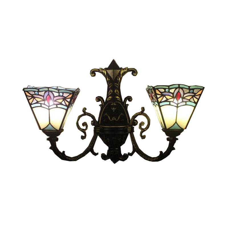 Stained Glass Pyramid Wall Lamp With 2 Heads - White/Blue/Yellow Ideal For Corridor Lighting