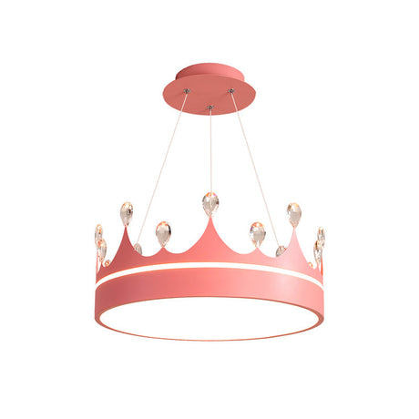 Modern Metal Crown Chandelier Light With Led Suspended Lighting And Crystal Deco - Pink/Blue/Gold
