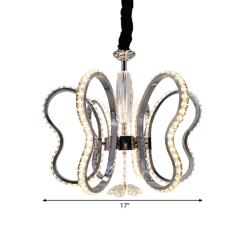 Butterfly Crystal Led Pendant Chandelier In Chrome - Restaurant Ceiling Hanging Light With