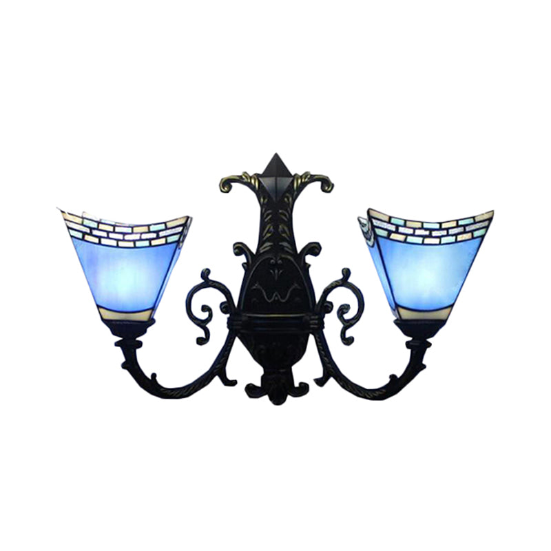 Stained Glass Pyramid Wall Lamp With 2 Heads - White/Blue/Yellow Ideal For Corridor Lighting