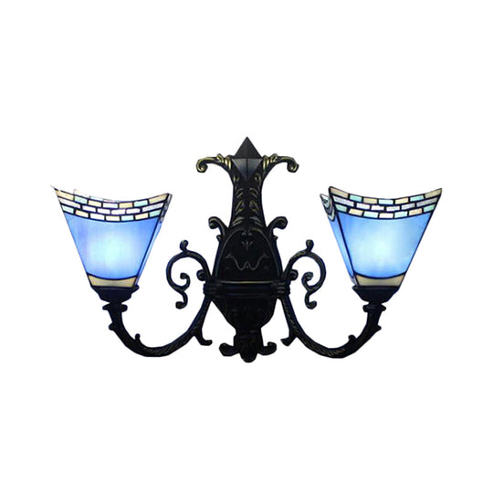 Stained Glass Pyramid Wall Lamp With 2 Heads - White/Blue/Yellow Ideal For Corridor Lighting