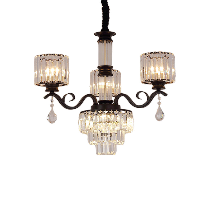 Minimalist Crystal 3-Head Chandelier Lamp In Black/Gold For Restaurants - Clear 3-Tier Design With