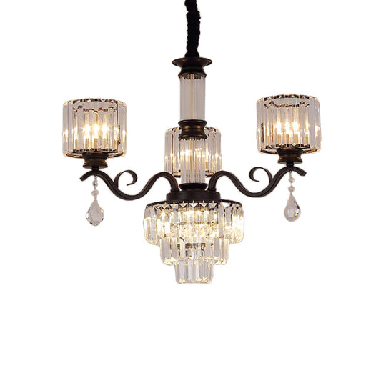Minimalist Crystal 3-Head Chandelier Lamp In Black/Gold For Restaurants - Clear 3-Tier Design With