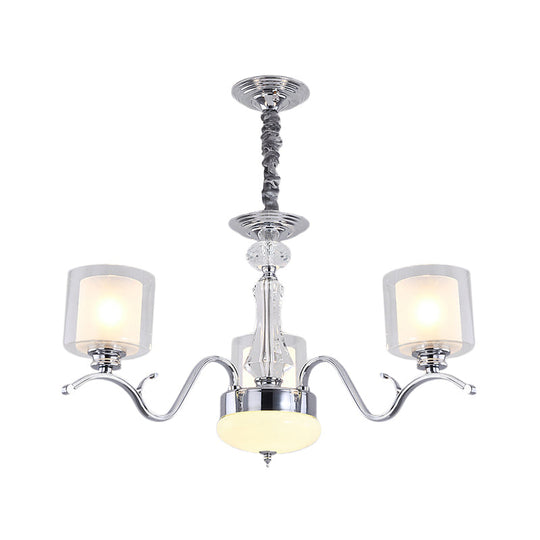 Modern Chrome Dual Cylinder Chandelier With 3 Bulbs Clear And Opal Glass - Ceiling Hanging Fixture