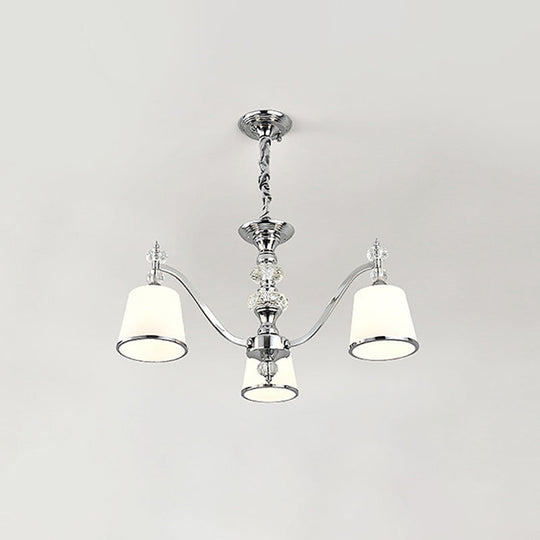 White Glass Minimalist Pendant Chandelier With Chrome Finish - Conical Design 3/6 Heads Down