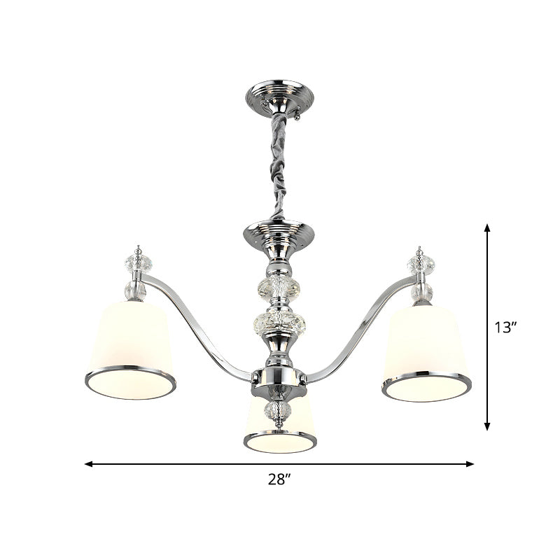 White Glass Minimalist Pendant Chandelier With Chrome Finish - Conical Design 3/6 Heads Down