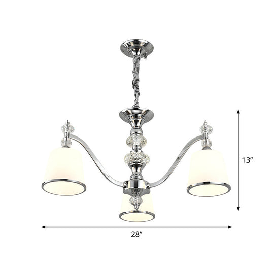 White Glass Minimalist Pendant Chandelier With Chrome Finish - Conical Design 3/6 Heads Down