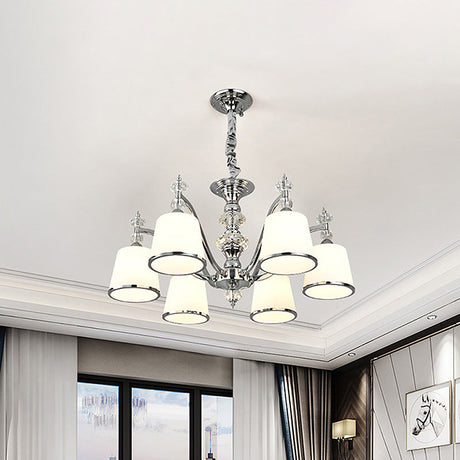 White Glass Conical Pendant Chandelier - Modern Minimalist Design With Chrome Finish And Curved Arm