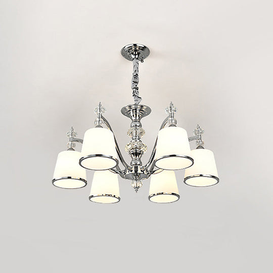 White Glass Minimalist Pendant Chandelier With Chrome Finish - Conical Design 3/6 Heads Down