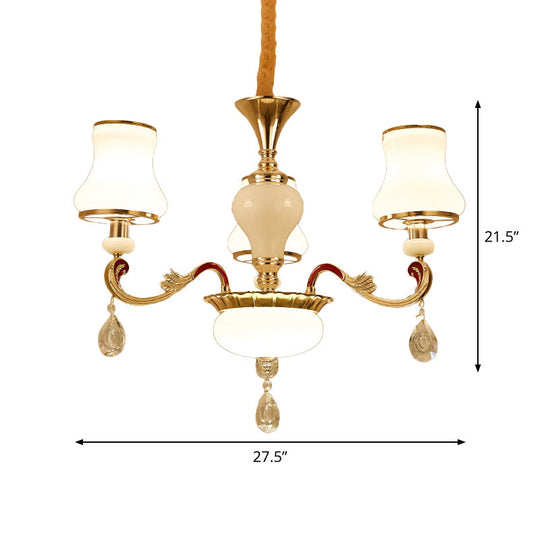 Contemporary Opal Glass Curved Cone Chandelier Light With Crystal Drop Deco - Gold Finish 3/6 Bulbs