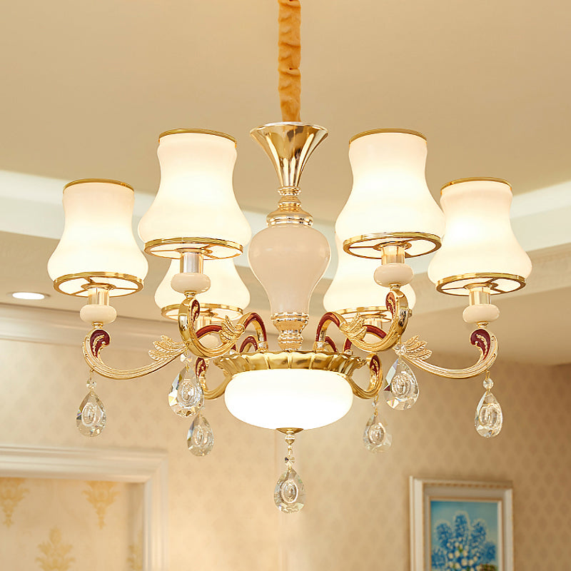 Contemporary Opal Glass Curved Cone Chandelier Light With Crystal Drop Deco - Gold Finish 3/6 Bulbs