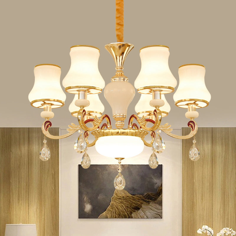 Contemporary Opal Glass Curved Cone Chandelier Light With Crystal Drop Deco - Gold Finish 3/6 Bulbs