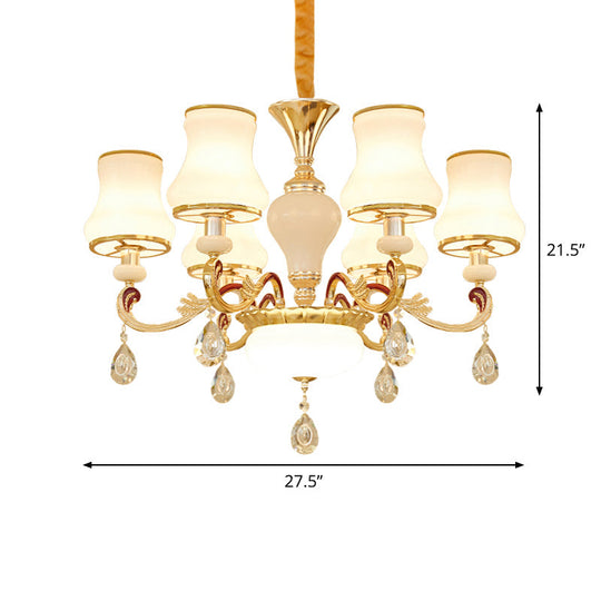 Contemporary Opal Glass Curved Cone Chandelier Light With Crystal Drop Deco - Gold Finish 3/6 Bulbs
