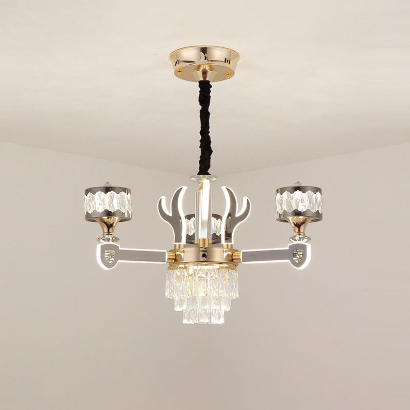 Modern K9 Crystal 3-Head Chrome Drum Pendant Chandelier With Antler Design