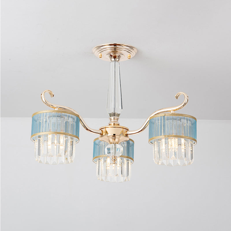 Contemporary Crystal Prisms Gold Cylinder Chandelier - 3 Lights Pendant Ceiling Fixture