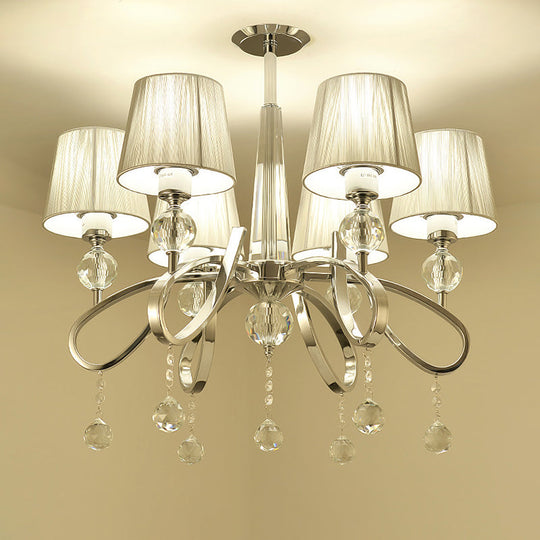 Modern Fabric Cone Chandelier Pendant With Crystal Accents – 6 Heads Chrome Finish